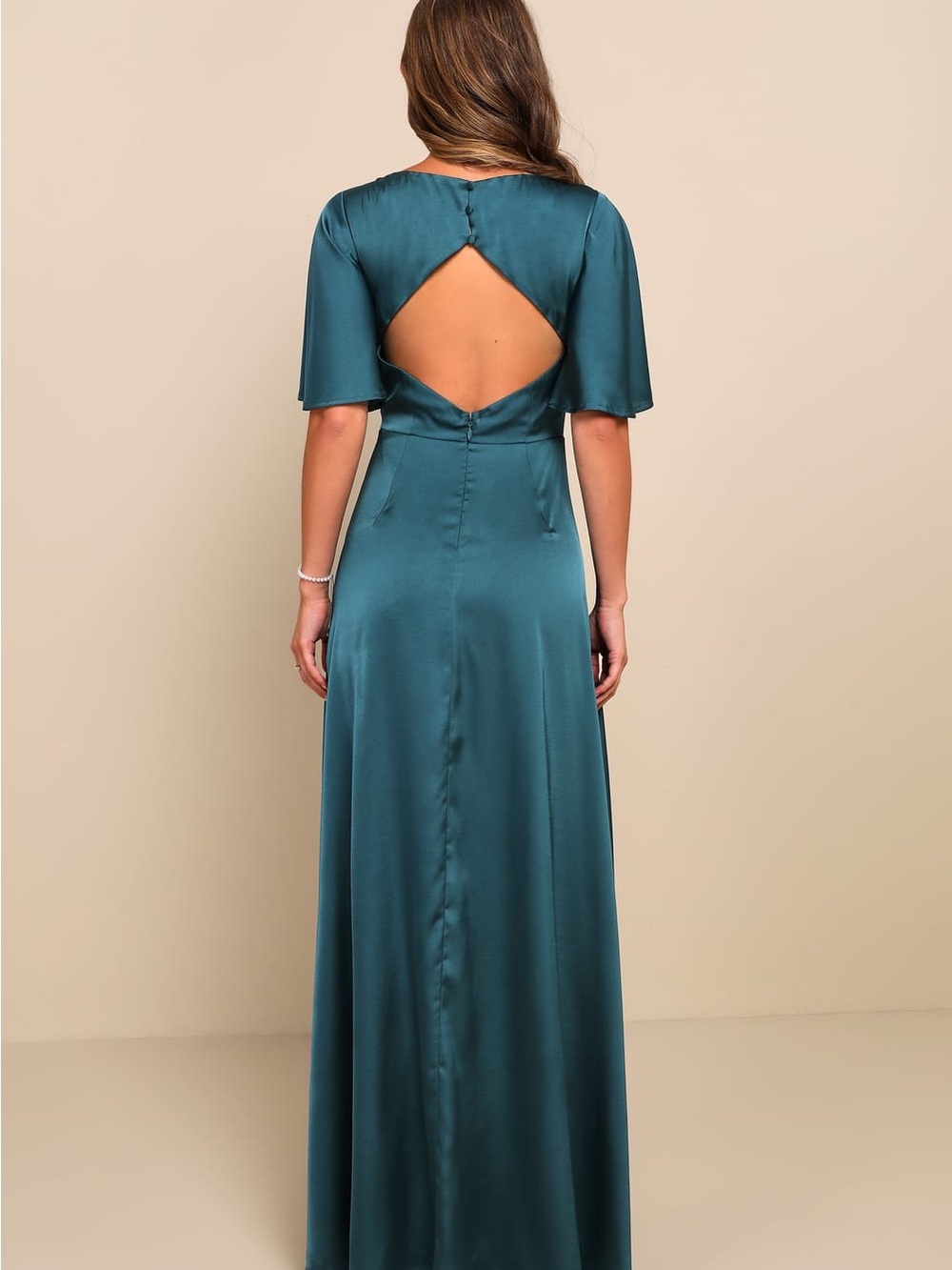 NWT Lulus Elegant Confidence Teal Satin Flutter Sleeve Maxi Dress L (US 10-12) - Picture 3 of 13